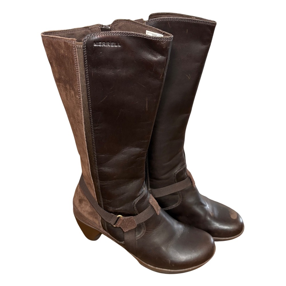 Merrell Espresso Brown Leather Suede Tall Heeled Boots‎ Womens 8.5 Buckle Zip Up